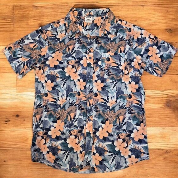 Hurley Button Up Shirt Mens Size M Tropical Hawaiian Short Sleeve Blue Peach EUC - Picture 1 of 11